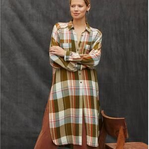 ANTHROPOLOGIE Pilcro Side-Slit Maxi Tunic Size Small Green Ivory Plaid Top